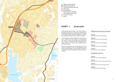 Kart over Skjold i Fana bydel som viser reguleringer, planprosesser og bygningsplassering.