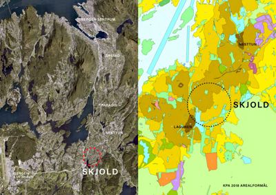 Bildet viser en sammenstilling av et flyfoto (venstre) og et kart med arealbruksinndeling (høyre) for Skjold i Bergen.