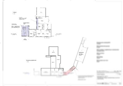 Plantegning som viser romfordeling for 1. etasje, garasje og kjellerplan, samt en situasjonsplan med eksisterende og nytt bygg.