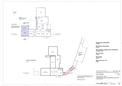 Plantegning som viser romfordeling for 1. etasje, garasje og kjellerplan, samt en situasjonsplan med eksisterende og nytt bygg.