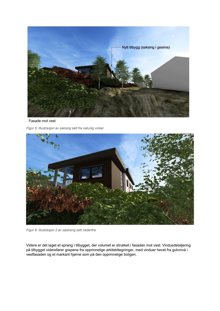 To 3D-visualiseringer (renderinger) av en fasade mot vest, inkludert et nytt tilbygg. Bildene viser bygningen sett fra naturlig vinkel og nedenfra.