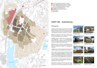 Kart (Kart 6B) som viser anbefalt bebyggelse i ulike soner (A, B, C, D) rundt Skjold, med referanseprosjekter og tekstforklaringer.