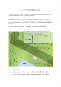 Situasjonsplan som viser tomtene 40/648 og 40/717, planlagt tilbygg, fellesgrense og målt avstand på 3,3 meter.