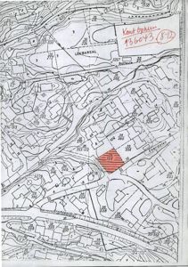 Situasjonsplan som viser topografi (konturlinjer), vegnett, eksisterende bygninger og en markert tomteflate (198) med håndskrevet notat om 'Kont. Øphus' og '8-12'.