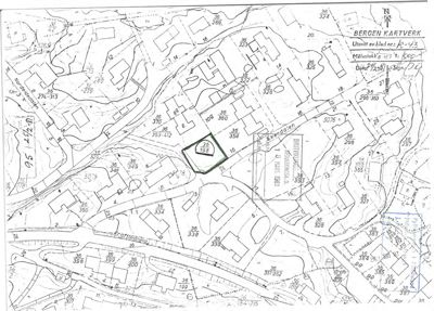 Situasjonsplan fra Bergen Kartverk som viser tomtens beliggenhet i forhold til nabolag, veier og topografi.
