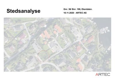 Flyfoto eller satellittbilde av et område (Ekerdalen) med en markert tomt (Gnr. 36/ Bnr. 198) i rødt. Brukes til stedanalyse.
