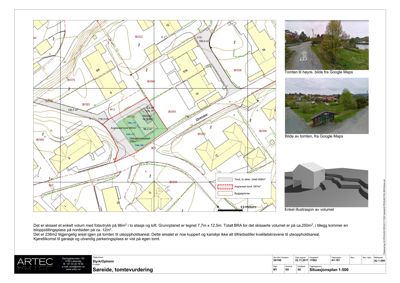 Situasjonsplan med tomt, byggegrenser og enkel illustrasjon av volum.