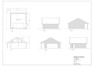En tegning som viser etasjeplan (PLAN) og fire forskjellige fasadeoppsett (FASADE) for en garasje.