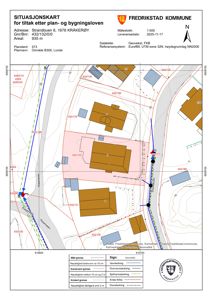 Situasjonskart for en byggesak i Kråkerøy, som viser tomtens beliggenhet, nabotomter, veier og vannledninger.