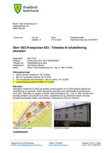 Et kommunalt saksutvalgsskjema som viser en situasjonsplan (kart) over eiendommen Gbnr 35/2, en arkivfoto av bygningen, og saksopplysninger om en søknad om rehabilitering av skorstein.