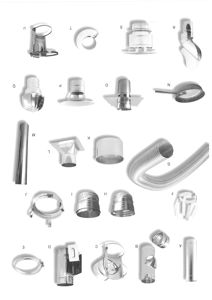 Katalog eller illustrasjon over ulike ventilasjonskomponenter og tilbehør (rør, klemmer, ventilatorer) med bokstavsmerking.