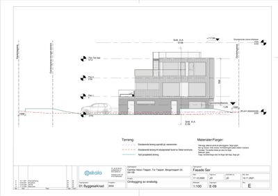 Fasadetegning som viser bygningens utseende, høyder og materialer.