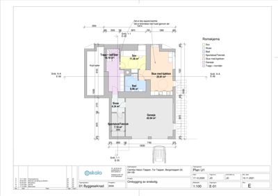 Etasjeplan (romfordeling) for enebolig med romareal og dimensjoner.
