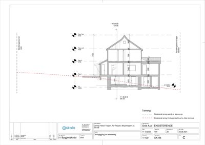 Snittegning (1-1 Snitt B) som viser tverrsnittet av en bolig med høydeangivelser og romfordeling.