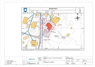 Situasjonskart som viser tomt, naboeiendommer og bygningers plassering i forhold til hverandre.