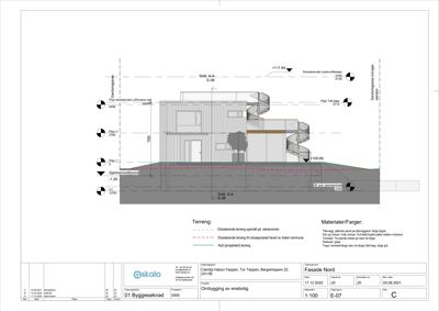 Fasadetegning (Nord) som viser bygningens utseende sett fra nord, inkludert terreng og trapper.