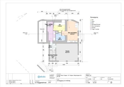 Etasjeplan (Romskjema) som viser romfordeling, arealer og dimensjoner for en bolig.