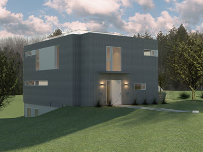 3D-visualisering av en moderne bolig sett fra utsiden.