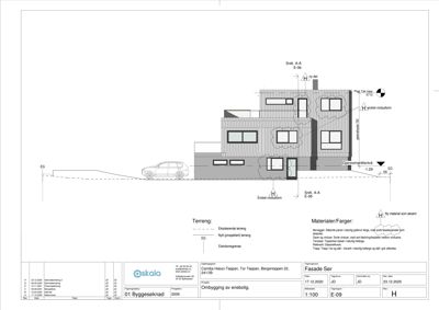 Fasadetegning som viser utvendig oppriss av en bygning med materialbeskrivelser og snittreferanser.