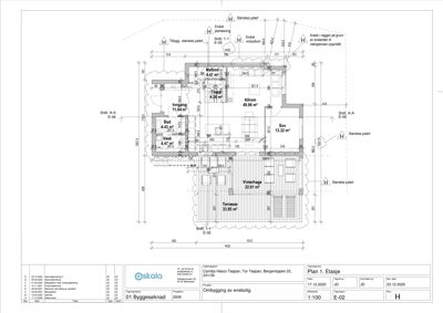 Etasjeplan (Plan 1. Etasje) som viser romfordeling, mål og funksjoner i en bolig.