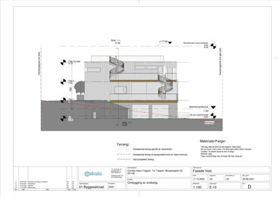Fasadetegning (Snitt 1-1) som viser bygningens utseende og konstruksjon sett fra vest.