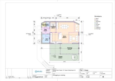 Etasjeplan (Plan 1. Etasje) som viser romfordeling, areal og funksjoner i en bolig.
