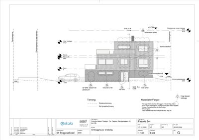 Fasadetegning som viser bygningens utseende sett fra siden, inkludert snittlinjer og materialbeskrivelser.