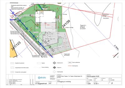 Situasjonsplan som viser tomtsgrenser, areal, høydeforhold og nabotomter.