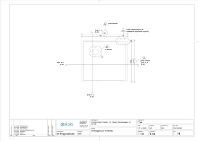 Teknisk detaljtegning som viser dimensjoner og spesifikasjoner for takkonstruksjon, inkludert snittlinjer og notater om justert stålrose.