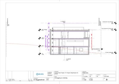 Snittegning (1-1 Snitt B) som viser tverrsnittet av en bygning med etasjer og høydemål.