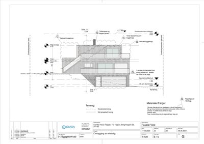 Fasadetegning av en bygning sett fra vest, som viser høydeforhold, materialer og endringer i byggekroppen.