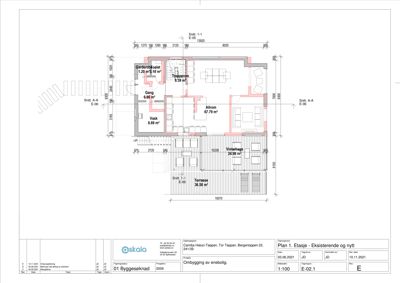 Etasjeplan som viser romfordeling, mål og areal for en bolig.