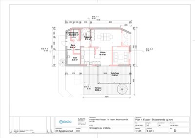 Etasjeplan som viser romfordeling, mål og areal for en bolig.