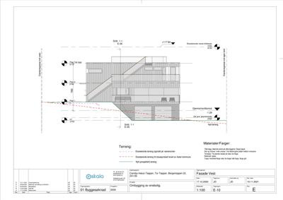 Snittegning (Snitt 1-1) som viser bygningens tverrsnitt, høyder og materialvalg.