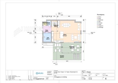 Etasjeplan (1. etasje) som viser romfordeling, mål og funksjoner i en bolig.