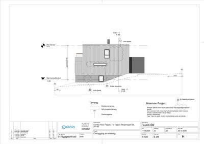 Fasadetegning som viser utsiden av en bygning med materialbeskrivelser og snittreferanser.