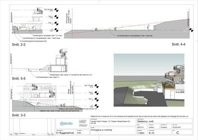 Snittegning som viser tverrsnitt av en bygning med detaljer om høyder og konstruksjon.