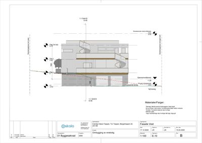 Snittegning (1-1 Snitt B) som viser bygningens tverrsnitt, høyder og materialer.