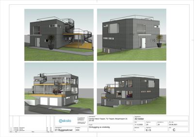 Bildet viser fire 3D-visualiseringer av en planlagt eller ombygd enebolig, inkludert fasade og snittvisninger.