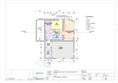 Etasjeplan (1. etasje) som viser romfordeling, arealer og dimensjoner for en bolig.