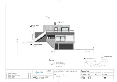 Fasadetegning av bygning sett fra vest, som viser utvendig utforming, materialer og høydemål.