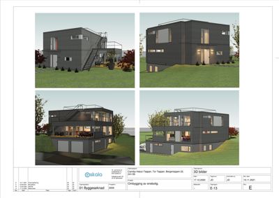 Bildet viser en 3D-visualisering (rendering) av en planlagt enebolig med flere vinkler.