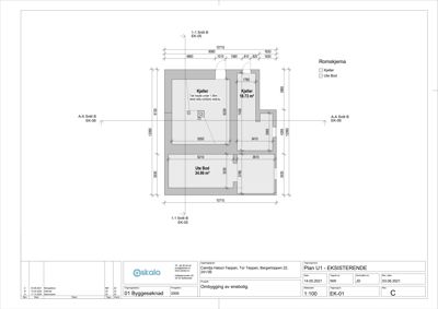 Etasjeplan (1. etasje) som viser romfordeling, mål og funksjon (Kjeller, Ute Bod) for en bygning.