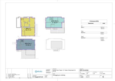 Bildet viser etasjeplaner (BRA-planer) for en bygning, med romfordeling og arealoppsett.