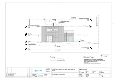 Fasadetegning av en bygning sett fra nord, med høydeangivelser og materialbeskrivelser.