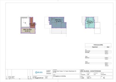 Bildet viser et etasjeplan (BRA-plan) som illustrerer romfordeling og areal for ulike deler av en eksisterende bygning.