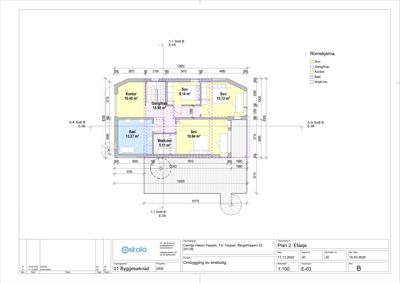 Etasjeplan som viser romfordeling, arealer og dimensjoner for en bolig.