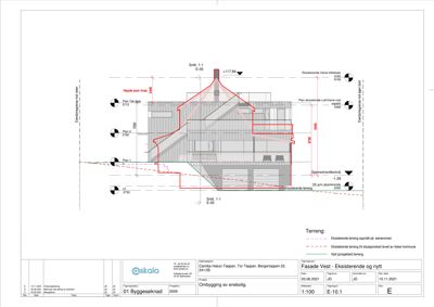 Snittegning (Snitt 1-1) som viser tverrsnittet av en bygning med høydeangivelser og eksisterende/nytt nivå.