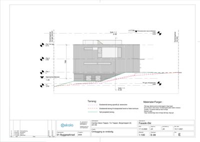 Fasadetegning av en bygning sett fra øst, med oppgitt snitt og materialer/farger.