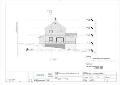 Fasadetegning av en eksisterende enebolig sett fra vest, med oppgitt skala 1:100.